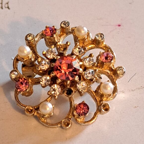 Petite Gold Tone Brooch Pink White Rhinestones Vintage October Birthstone READ - Picture 1 of 2